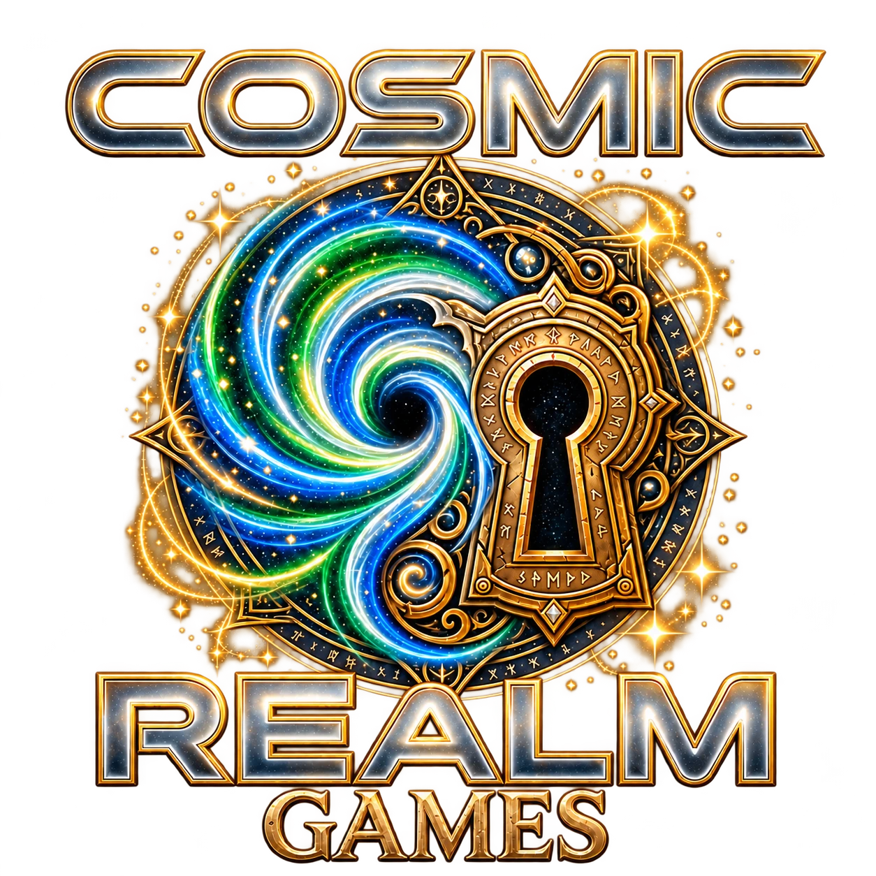 Cosmic Realm Games — silver and gold logo with a blue and emerald portal